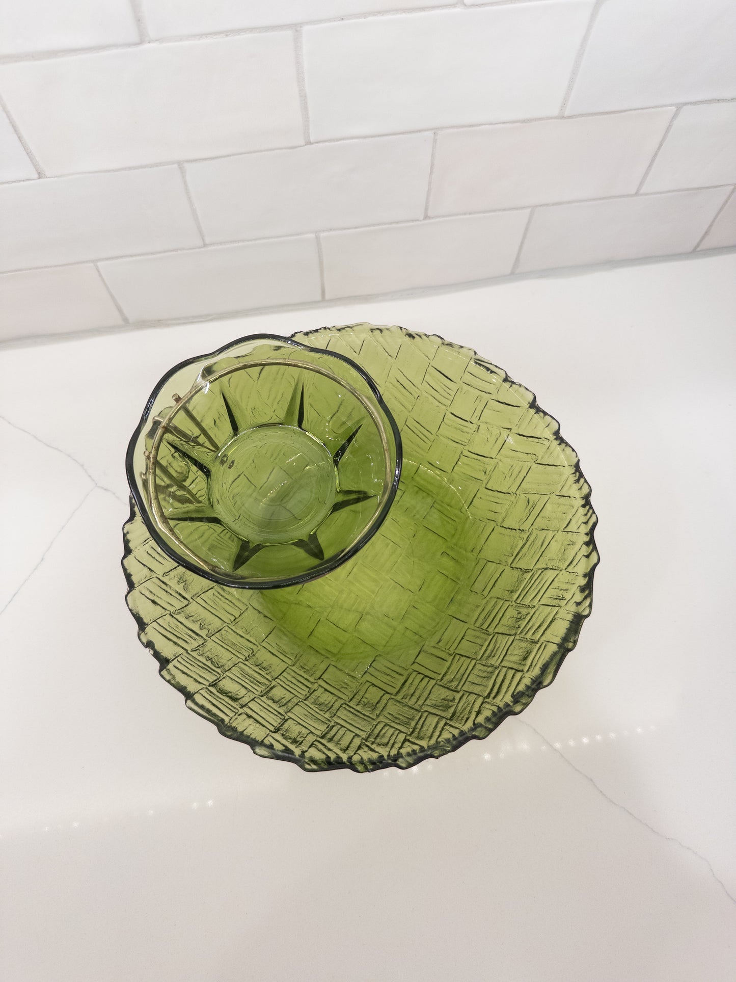 Vintage Indiana Avocado Green Basketweave Chip and Dip Set