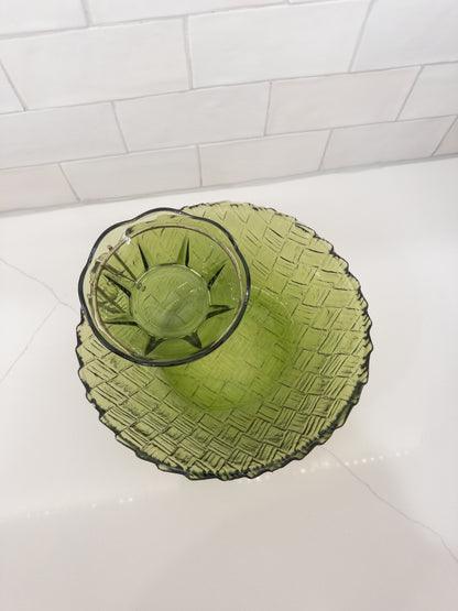 Vintage Indiana Avocado Green Basketweave Chip and Dip Set