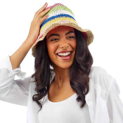 Rainbow Striped Paper Hand Crochet Bucket Hat