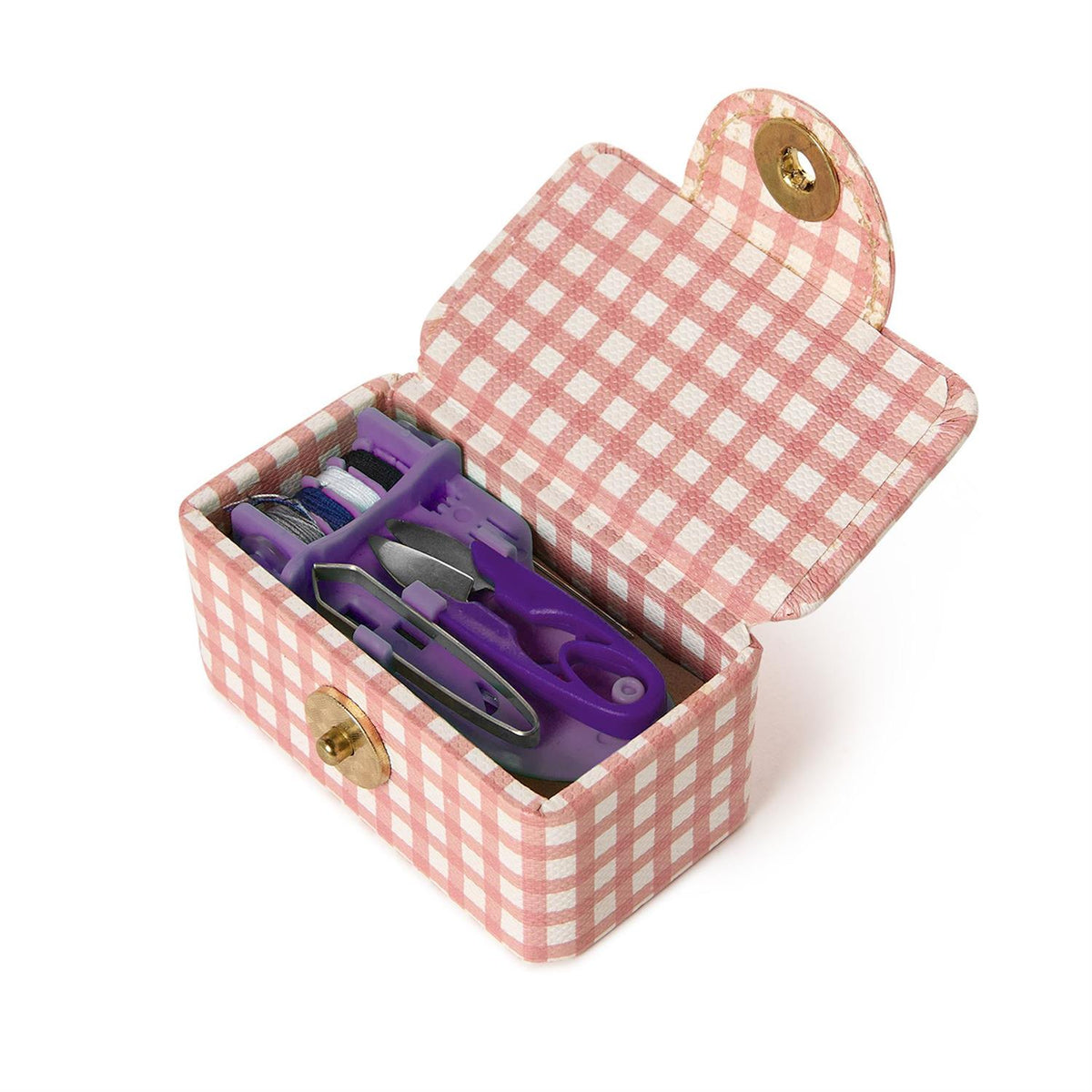Pink gingham mini sewing kit box open to show needles, thread and scissors inside