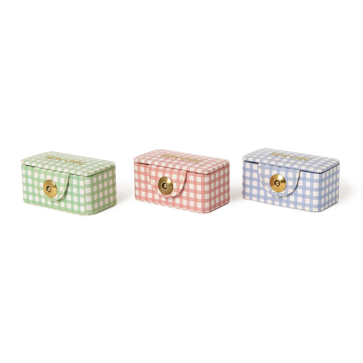 Gingham sewing kit box with contents