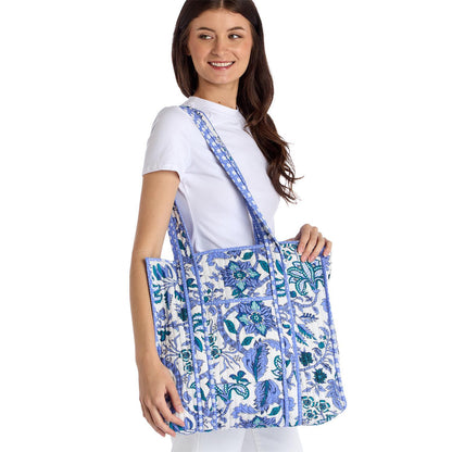 Coastal Cool Cotton Block Printed Reversible Tote with Lining in Coordinating Blue and White Bamboo Print