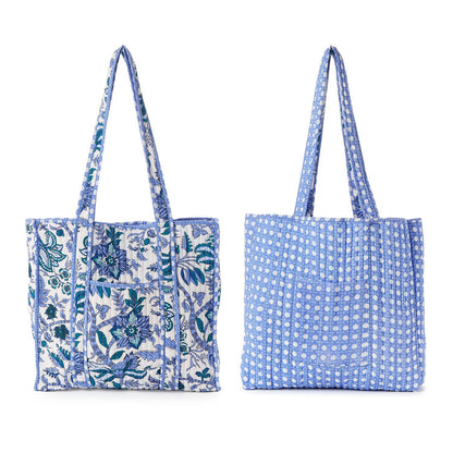 Coastal Cool Cotton Block Printed Reversible Tote with Lining in Coordinating Blue and White Bamboo Print