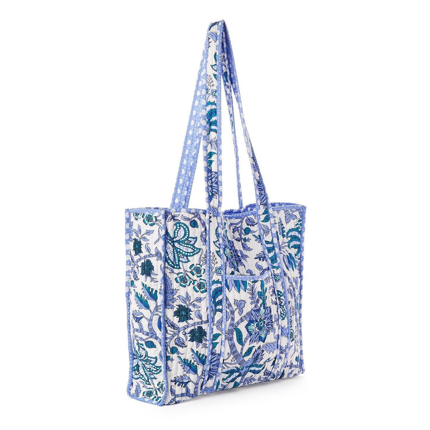 Coastal Cool Cotton Block Printed Reversible Tote with Lining in Coordinating Blue and White Bamboo Print