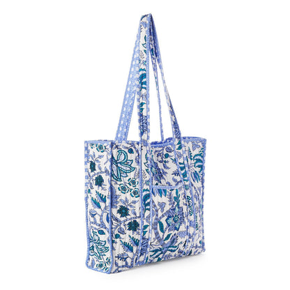 Coastal Cool Cotton Block Printed Reversible Tote with Lining in Coordinating Blue and White Bamboo Print
