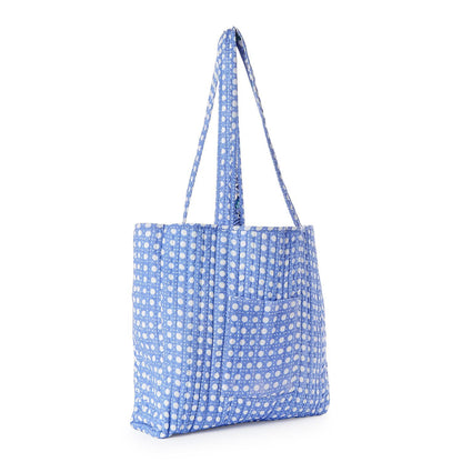 Coastal Cool Cotton Block Printed Reversible Tote with Lining in Coordinating Blue and White Bamboo Print