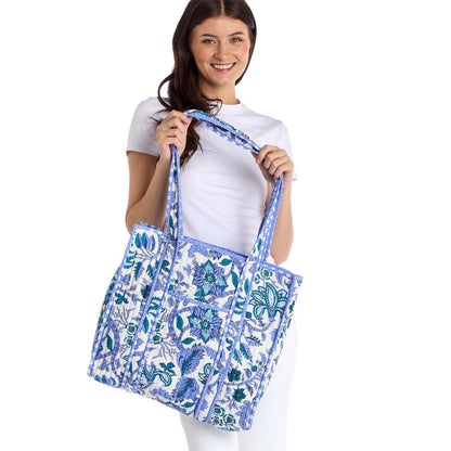 Coastal Cool Cotton Block Printed Reversible Tote with Lining in Coordinating Blue and White Bamboo Print