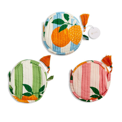 Orange Grove Cotton Block Printed Round Zip Top Multi Purpose Pouch