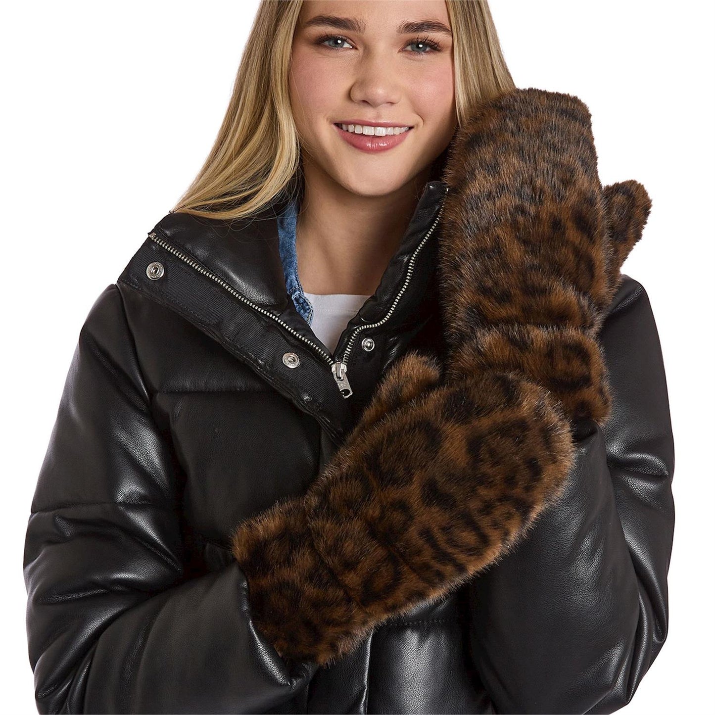 Arctic Luxe Mittens Faux Fur Leopard Print Design with Fleece Lining