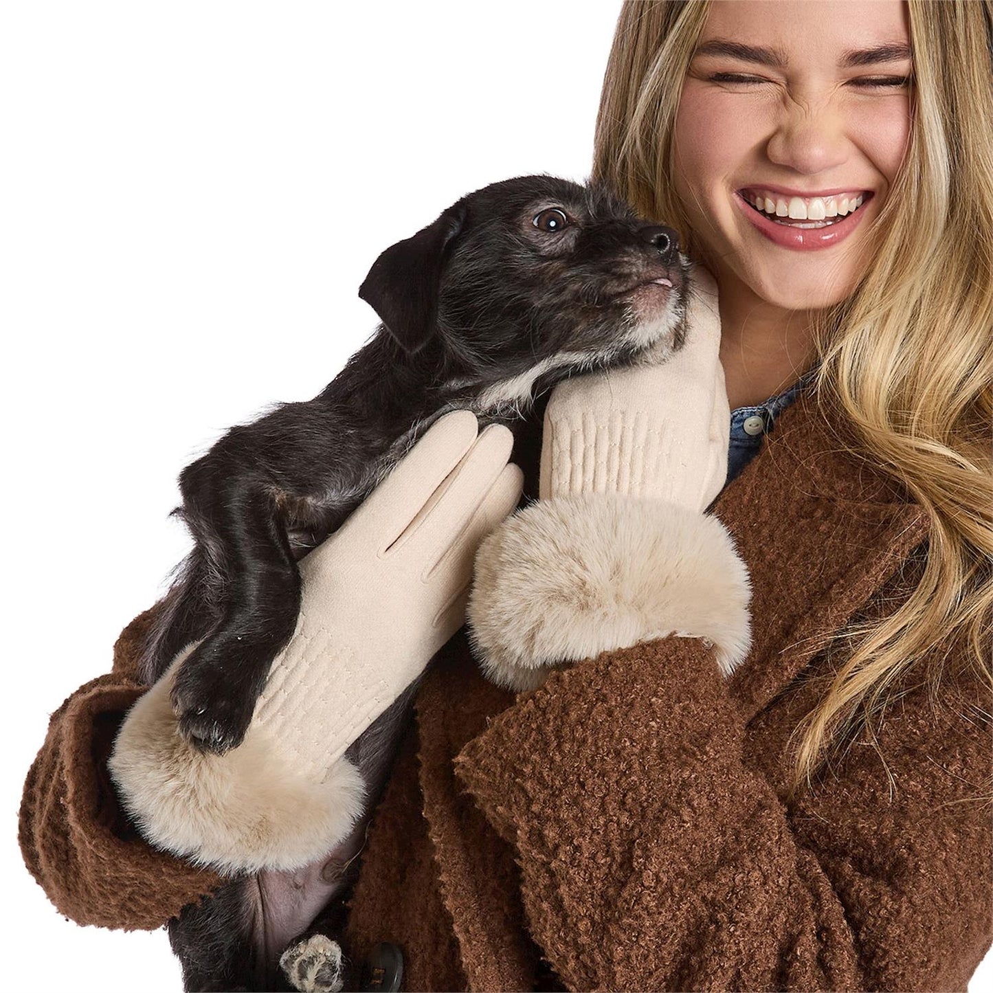 Maison Knit Gloves with Faux Fur Cuff, Touch Screen Finger and Fleece Lining
