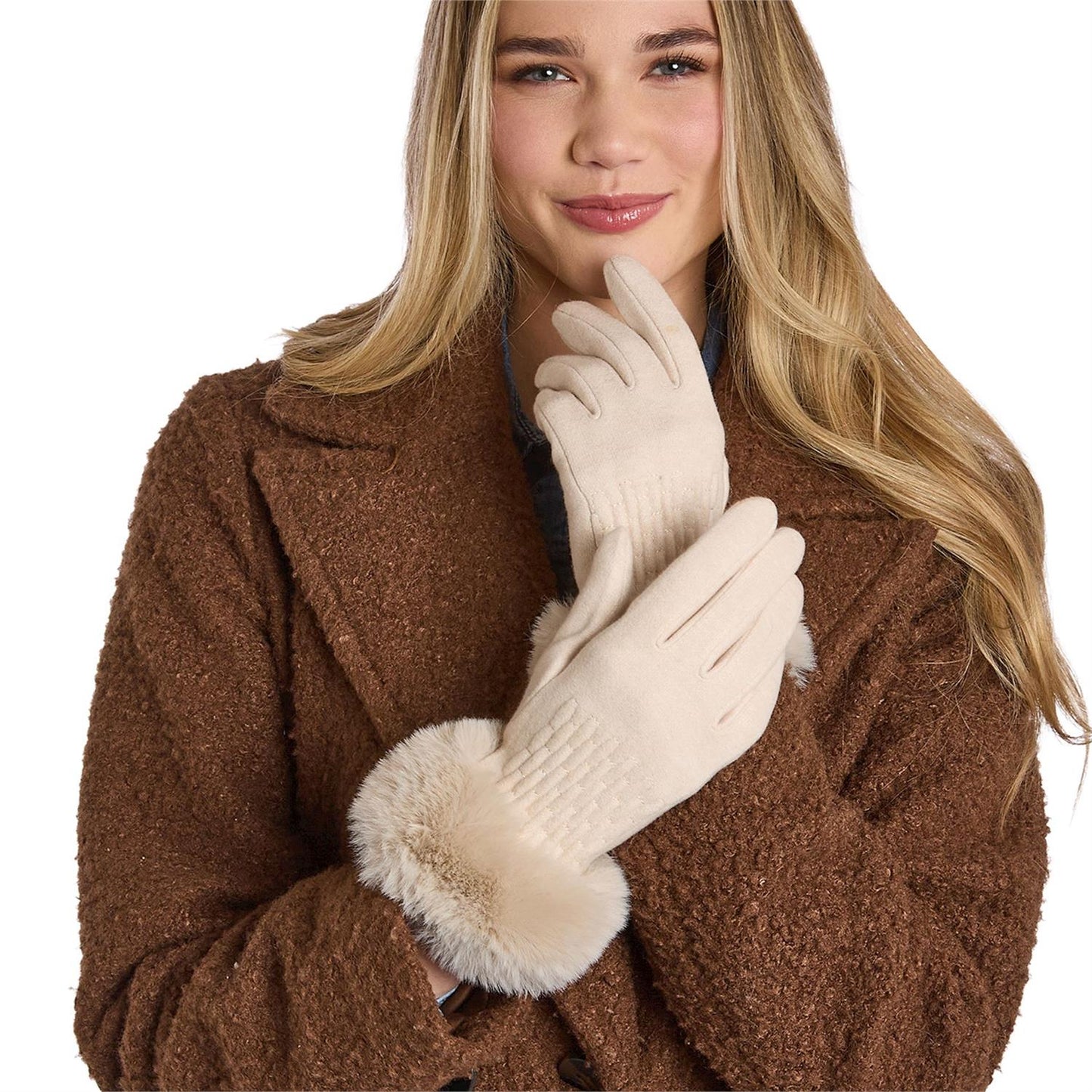 Maison Knit Gloves with Faux Fur Cuff, Touch Screen Finger and Fleece Lining