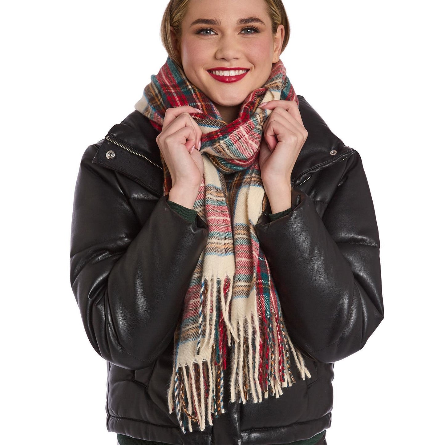 Winter White Tartan Scarf with Fringe Trim