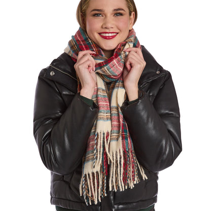 Winter White Tartan Scarf with Fringe Trim