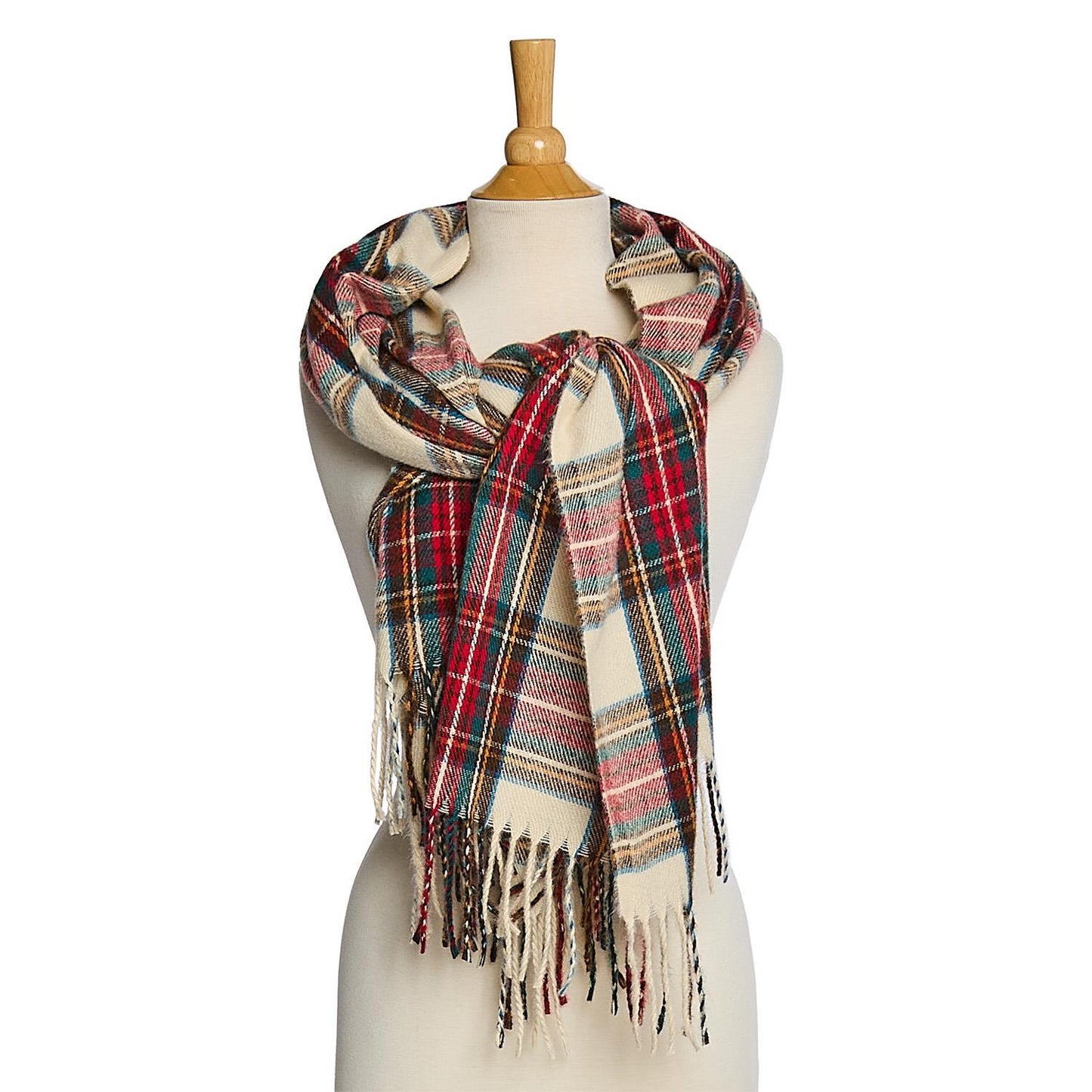 Winter White Tartan Scarf with Fringe Trim