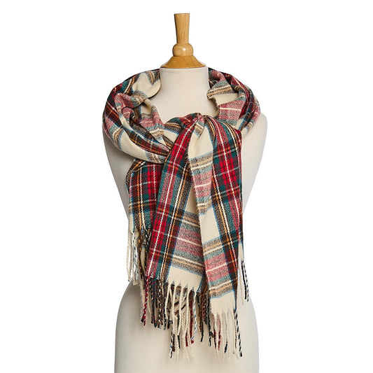 Winter White Tartan Scarf with Fringe Trim