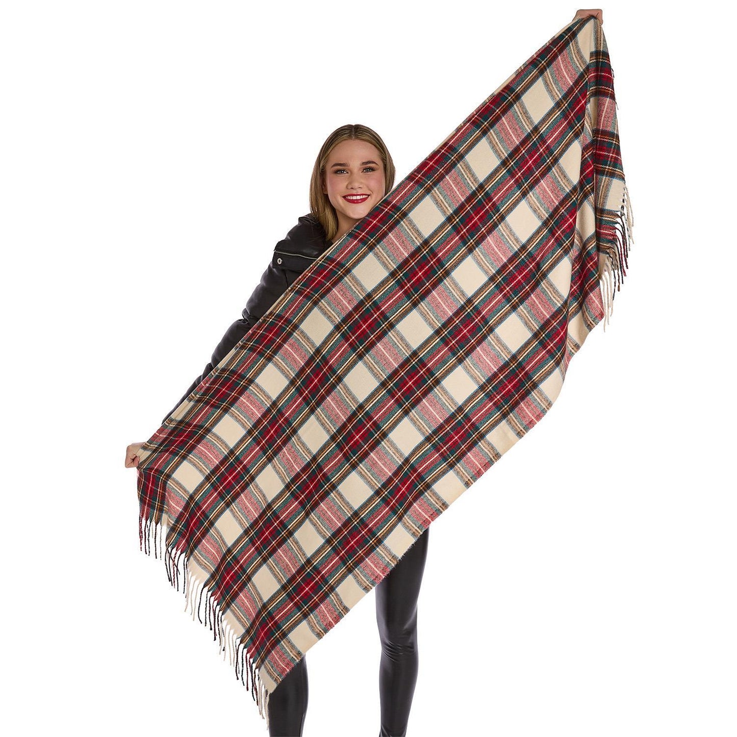 Winter White Tartan Scarf with Fringe Trim