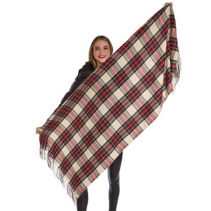 Winter White Tartan Scarf with Fringe Trim