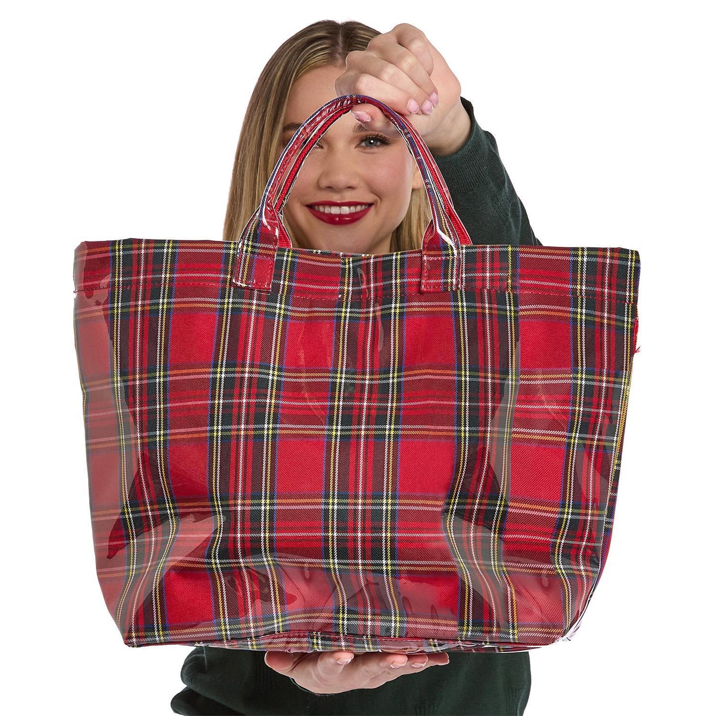 Tartan Tote with PVC Coated Exterior and Top Handles with Lined Interior with Pockets