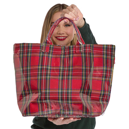 Tartan Tote with PVC Coated Exterior and Top Handles with Lined Interior with Pockets