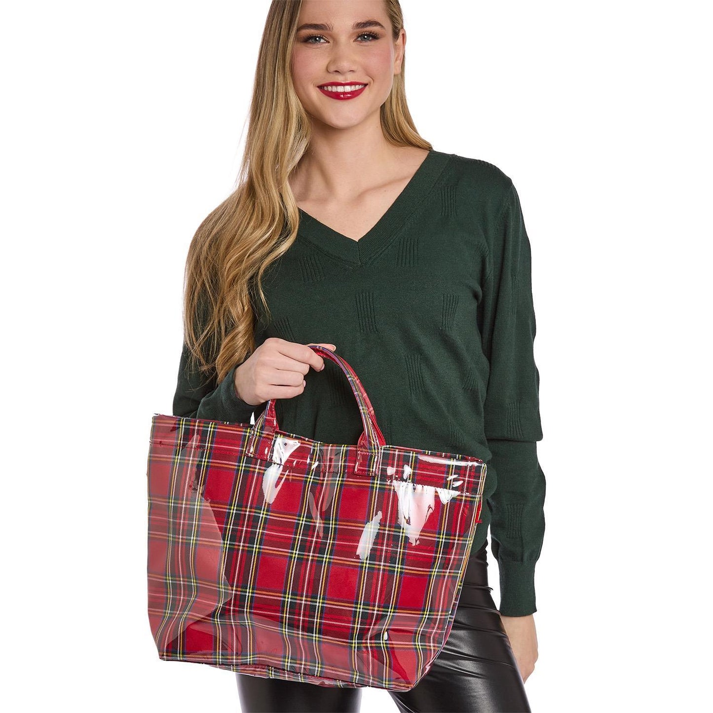 Tartan Tote with PVC Coated Exterior and Top Handles with Lined Interior with Pockets