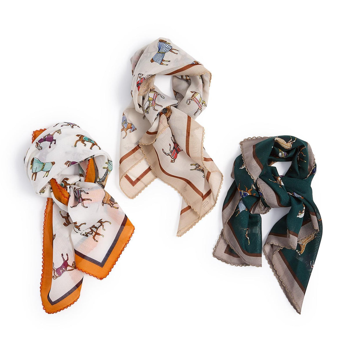 Three sheer horse print scarves with scalloped borders in ivory and orange, cream and brown, and forest green and grey