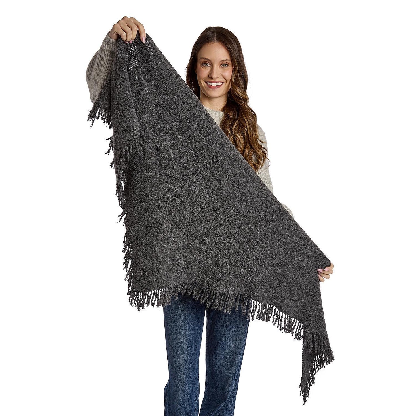 Effortless Soft Wool Blend Triangle Shawl with Fringe Trim (*Two Colors*)