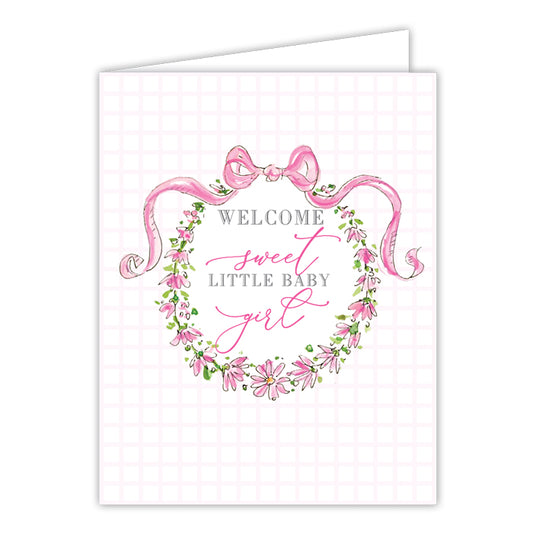 Welcome Sweet Little Baby Girl Pink Wreath with Bow Greeting Card