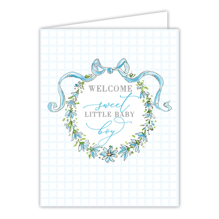 Welcome Sweet Little Baby Boy Blue Wreath with Bow Greeting Card
