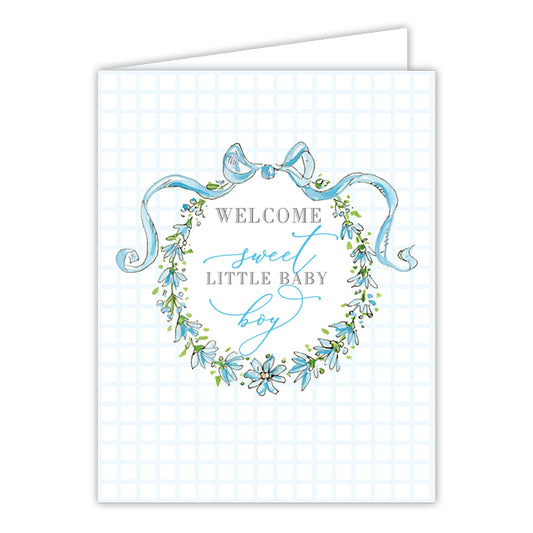 Welcome Sweet Little Baby Boy Blue Wreath with Bow Greeting Card