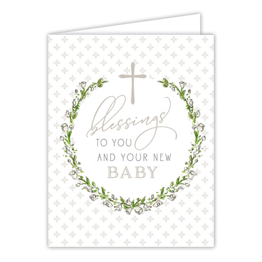 Blessing to You and Your New Baby White Floral Wreath with Cross Greeting Card