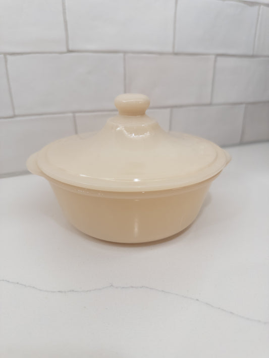 Vintage Fire King Ivory Philbe Glass Lidded Casserole Dish