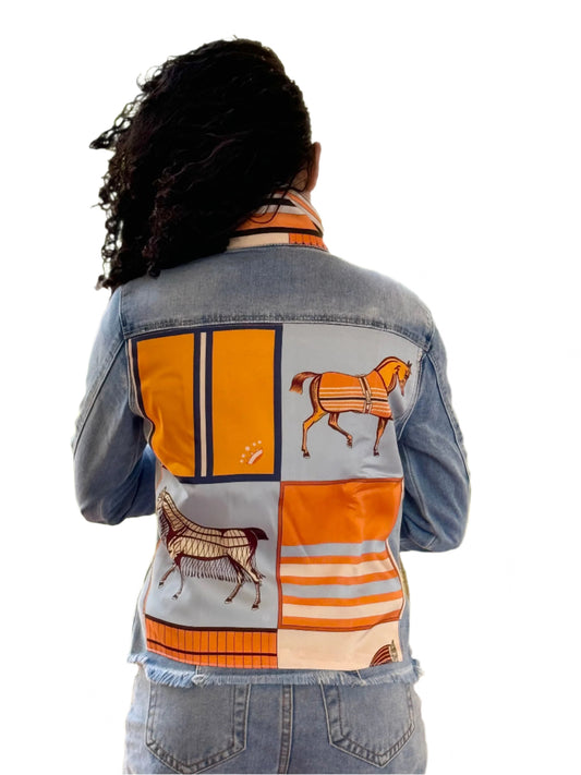 White Denim Jacket / Light Blue with Orange Horse