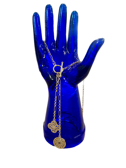 Middle Gold Toggle Clover + Evil Eye Necklace