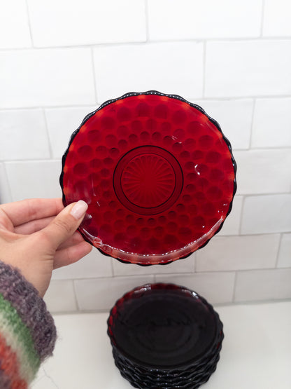 S/9, Vintage Bubble Ruby Red Tea Cup Saucers