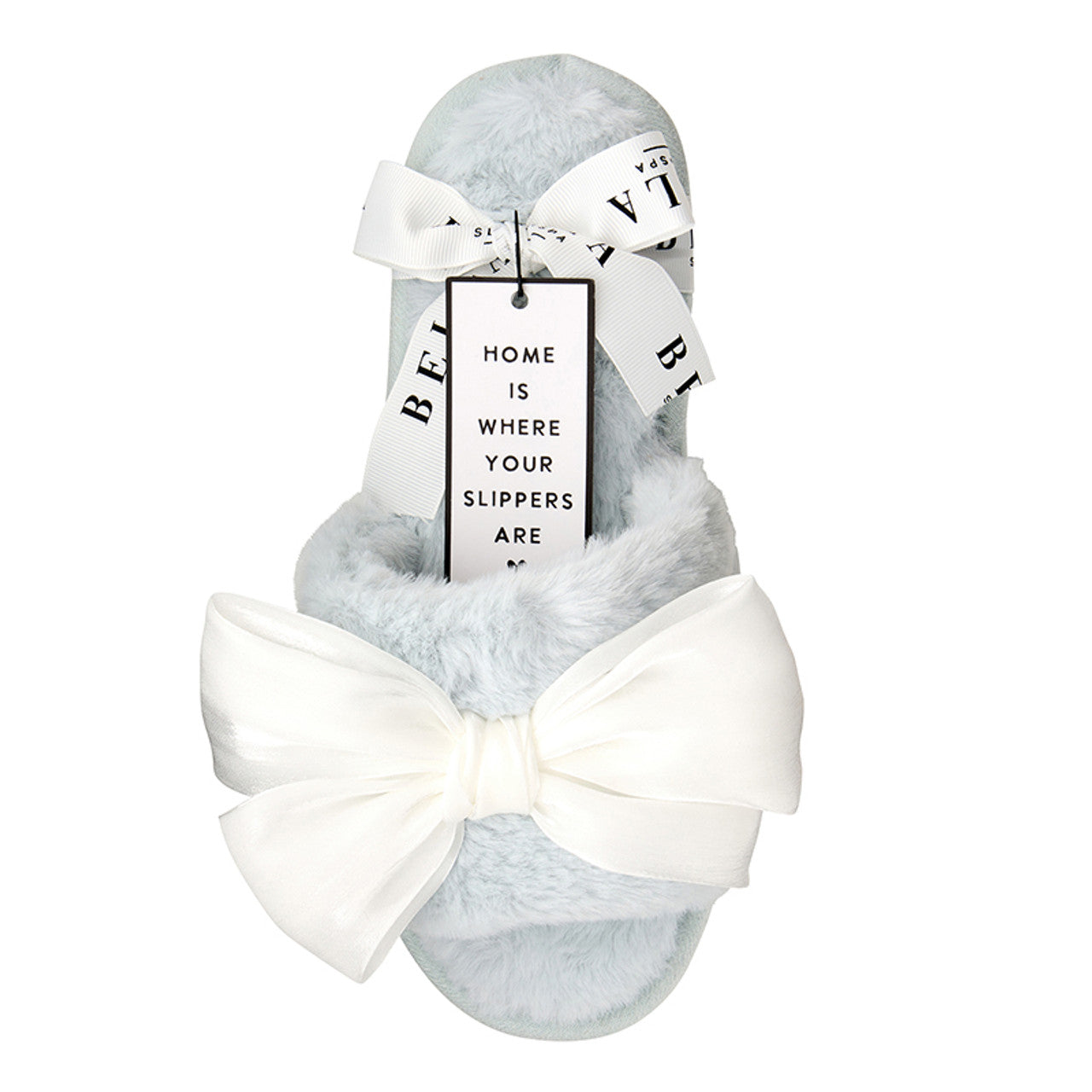 Light Blue White Bow Plush Slippers