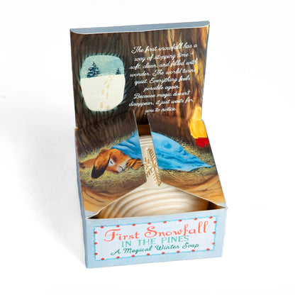 First Snowfall in the Pines gift soap shown with the illustrated box open