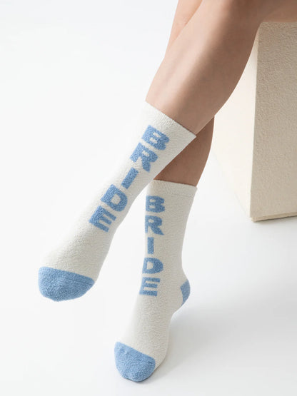 Blue "Bride" Ivory Fuzzy Socks