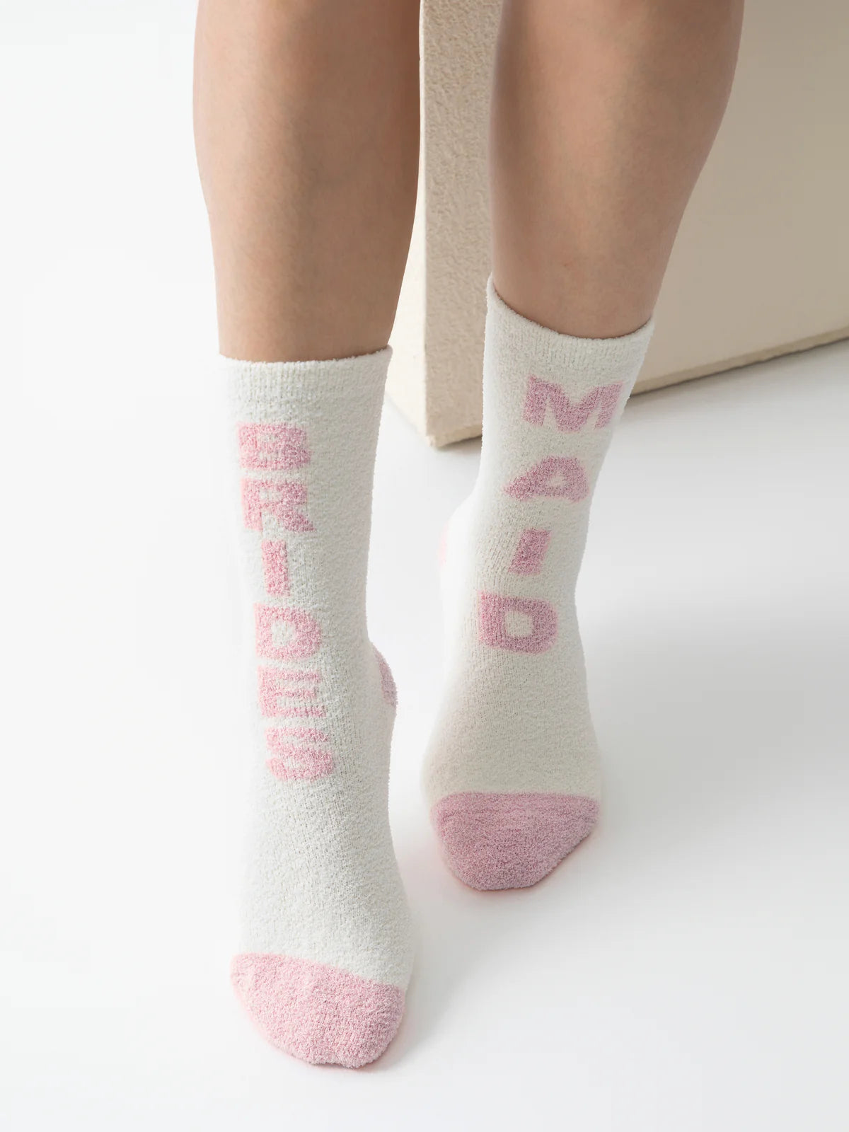 Pink "Bridesmaid" Ivory Fuzzy Socks