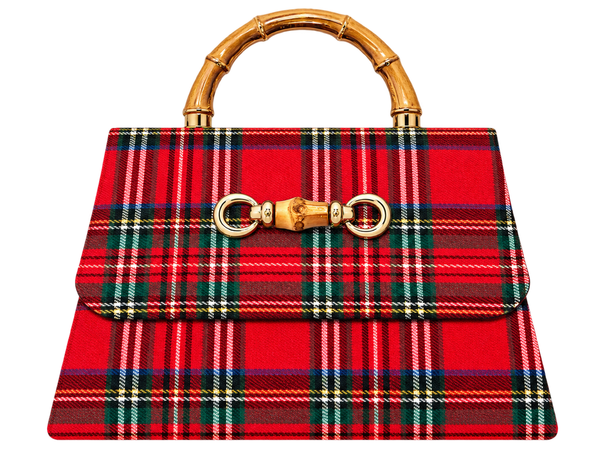 Red Plaid Lulu with Gold Bamboo Handle, Gold Charms
