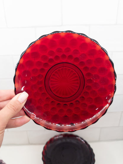 S/9, Vintage Bubble Ruby Red Tea Cup Saucers