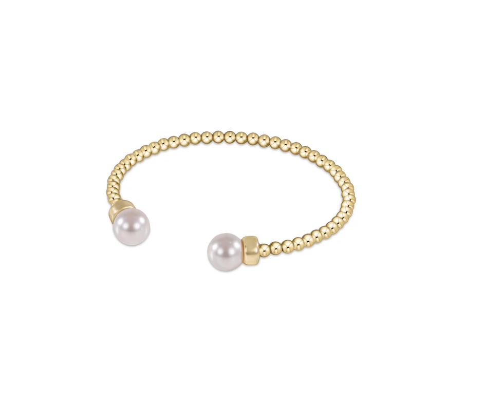 enewton Classic Gold 3mm Bead Cuff in Pearl, gold beaded cuff bracelet with pearl ends on a white background