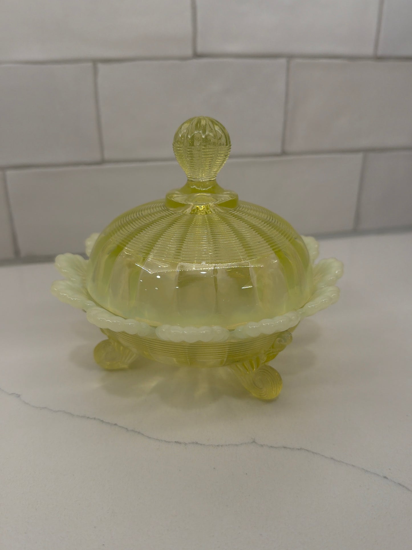 Vintage Northwood Vaseline Opalescent Ribbed Covered Footed Candy/Butter Dish