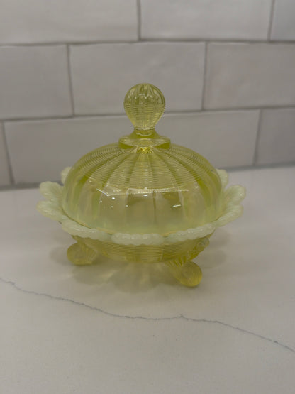Vintage Northwood Vaseline Opalescent Ribbed Covered Footed Candy/Butter Dish