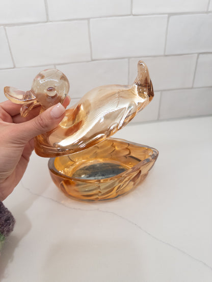 Vintage Marigold Carnival Glass Duck Lidded Candy Dish