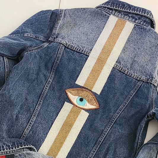 Blue Evil Eye W/ Gold & White Stripe Denim Jacket