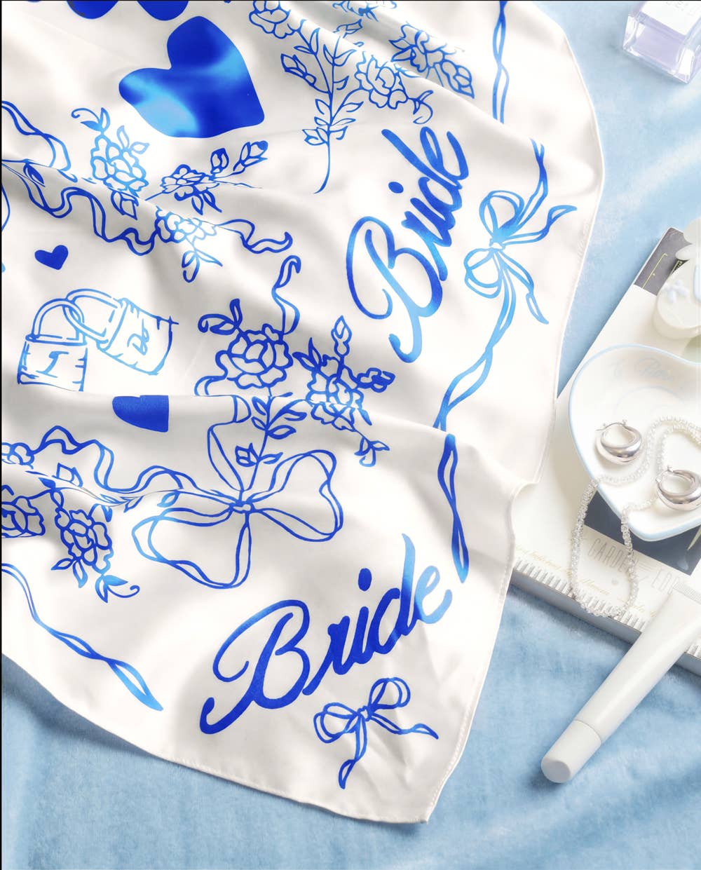 Bride Hair Scarf (Blue & White)