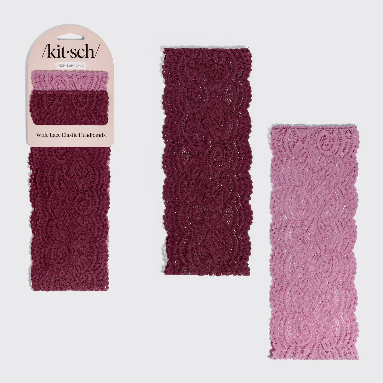 Wide Lace Elastic Headbands 2pc Set - Cherry Lacquer & Dusty Pink