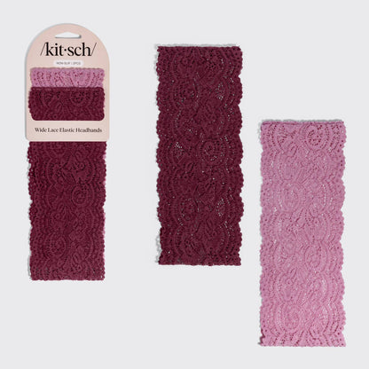 Wide Lace Elastic Headbands 2pc Set - Cherry Lacquer & Dusty Pink