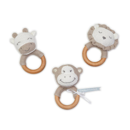 Knitted Rattle with Natural Wood Grip Ring