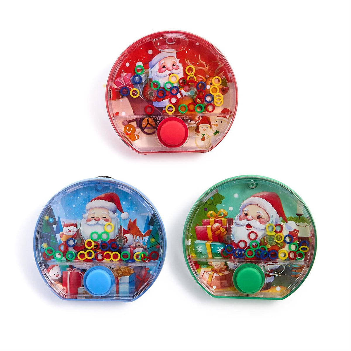 Three handheld Christmas water ring toss games in red, blue and green with Santa designs
